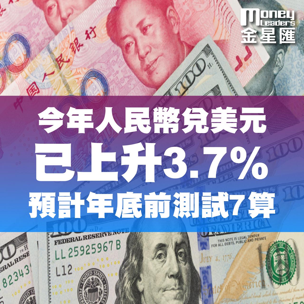 今年人民幣兌美元已上升3.7% 預計年底前測試7算